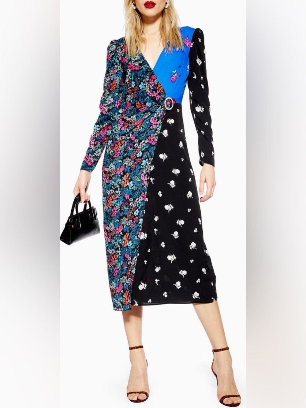NWT Topshop Grand Estate Mix Midi Dress. Faux wrap dress with front snap closure